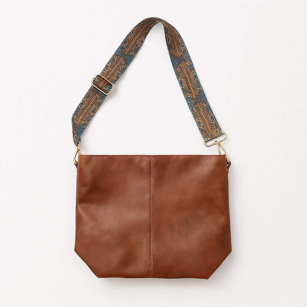 Unisex Dark Brown Tote Bag With Patterned Boho Strap